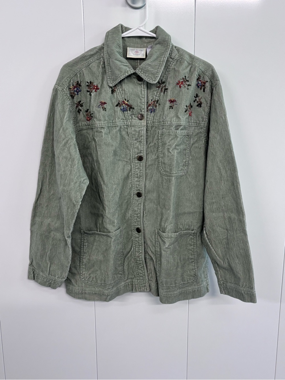 Womens Susan Bristol Sage Green Corduroy Floral Embroidered Jacket Medium Vintag
